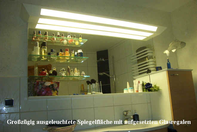 Gro�z�gig ausgeleuchtete Spiegelfl�che mit aufgesetzten Glasregalen