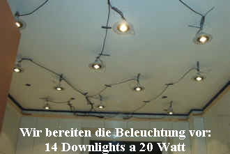 Wir bereiten die Beleuchtung vor:
14 Downlights a 20 Watt